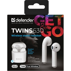 Наушники с микрофоном беспроводные Defender Twins 630, Bluetooth, белый /1/1