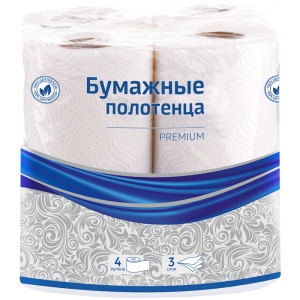 Полотенца бумажные 3-слойные, комплект 4 рулона, 4*11 м, белые, OfficeClean "Premium" /6/1